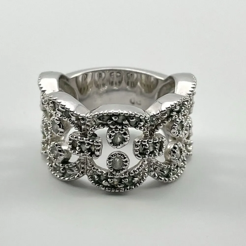 Premier Designs White Rhinestone Wide Ring Band  Sz 6 Boho Statement Cocktail